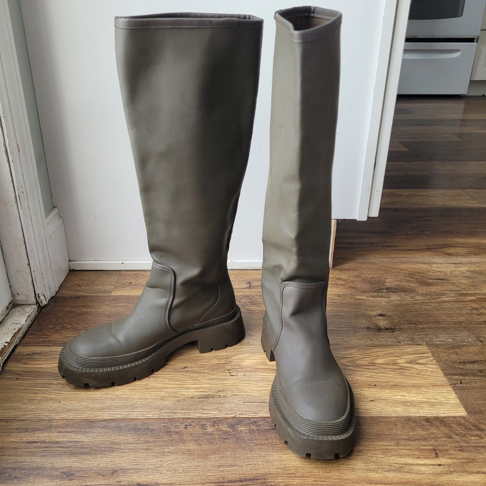 ZARA Women Olive Green Knee High Platform Chunky Sole Rain Boots Size 7.5/Eu 38 - Picture 11 of 13